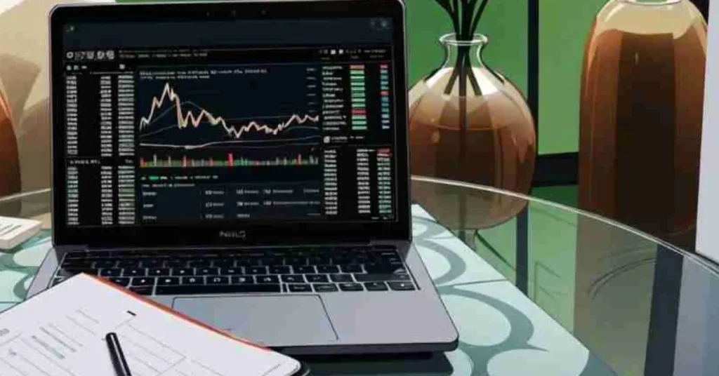 Notebook exibindo gráficos de Day trade na tela, com um caderno de anotações e uma caneta ao lado, sobre uma mesa de vidro decorada, em ambiente iluminado com vista para plantas ao fundo.